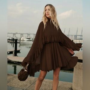 Commense Semi-Sheer Chiffon Ruffle Dress With Outer Cape